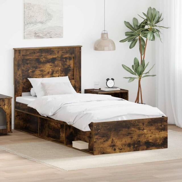Berkfield Home Bed Frame with Headboard Smoked Oak 90 x 190 cm Solid Pine Wood in Brown - image 1