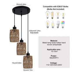 Garwarm 3 - Light Rattan Farmhouse Cluster Pendant Light in Natural - thumbnail 5