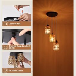 Garwarm 3 - Light Rattan Farmhouse Cluster Pendant Light in Natural - thumbnail 7