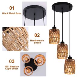 Garwarm 3 - Light Rattan Farmhouse Cluster Pendant Light in Natural - thumbnail 8