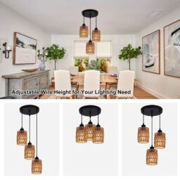 Garwarm 3 - Light Rattan Farmhouse Cluster Pendant Light in Natural - thumbnail 6