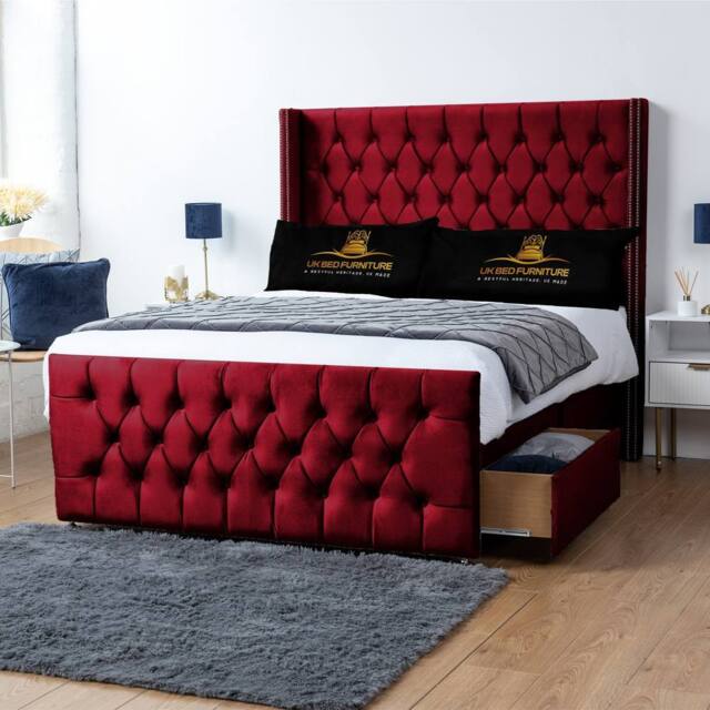 UK Bed Furniture Emily Wingback Divan Bed with 2 Foot End Drawers & 54 Inch Headboard in Maroon - Size: Super King - image 1