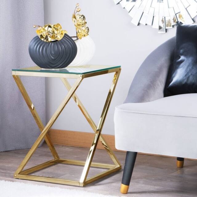 Wyld and Coco Living Glam Geometric Side Table Gold Steel Tempered Glass - image 1