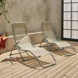 sweeek Pair Of Textilene Sun Loungers With 2 Reclining Positions in Brown - thumbnail 1