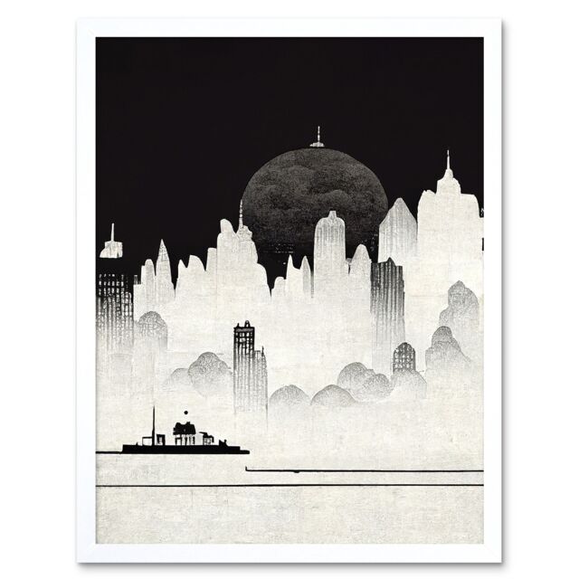 "Artery8 Wall Art Print Futuristic Cityscape Ukiyo-e Flat Art Framed in White - Size: W12"" x H16""" - image 1