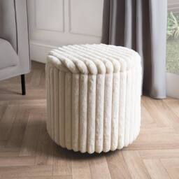 OHS Ribbed Faux Fur Ottoman Storage Box with Lid Folding Footstool Tub in Cream - thumbnail 4