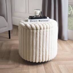 OHS Ribbed Faux Fur Ottoman Storage Box with Lid Folding Footstool Tub in Cream
