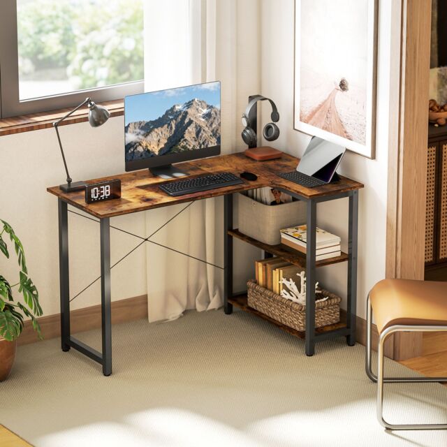 HOMCOM L-Shaped Computer Desk Study Workstation with 2 Shelves, Steel Frame in Brown - image 1