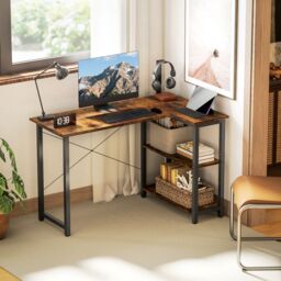 HOMCOM L-Shaped Computer Desk Study Workstation with 2 Shelves, Steel Frame in Brown - thumbnail 1