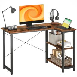 HOMCOM L-Shaped Computer Desk Study Workstation with 2 Shelves, Steel Frame in Brown - thumbnail 2