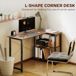 HOMCOM L-Shaped Computer Desk Study Workstation with 2 Shelves, Steel Frame in Brown - thumbnail 4