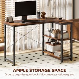 HOMCOM L-Shaped Computer Desk Study Workstation with 2 Shelves, Steel Frame in Brown - thumbnail 5