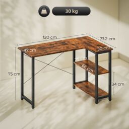 HOMCOM L-Shaped Computer Desk Study Workstation with 2 Shelves, Steel Frame in Brown - thumbnail 3