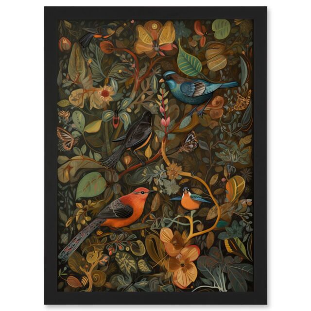 Artery8 Birds & Butterflies on Autumnal Tree Folk Art Artwork Framed Wall Art Print A4 in Black - image 1