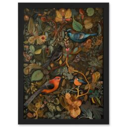Artery8 Birds & Butterflies on Autumnal Tree Folk Art Artwork Framed Wall Art Print A4 in Black - thumbnail 1