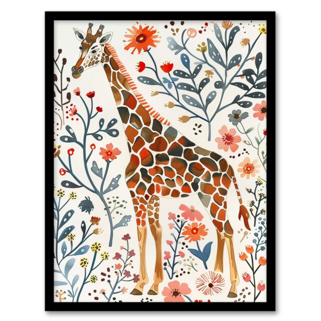 Artery8 Giraffe with Wildflowers Watercolour Folk Art Framed Wall Art - Size: A4 - image 1