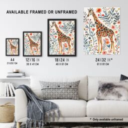 Artery8 Giraffe with Wildflowers Watercolour Folk Art Framed Wall Art - Size: A4 - thumbnail 3