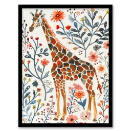 Artery8 Giraffe with Wildflowers Watercolour Folk Art Framed Wall Art - Size: A4 - thumbnail 1