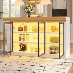 BTM Extendable Sideboard Dining Table LED Glass Cabinet White - thumbnail 4