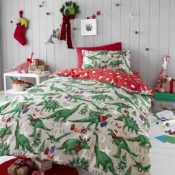 Happy Linen Company Christmas Dinosaur Glow In The Dark Reversible Duvet Cover Bedding Set in Taupe - Size: Single
