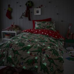 Happy Linen Company Christmas Dinosaur Glow In The Dark Reversible Duvet Cover Bedding Set in Taupe - Size: Single - thumbnail 2