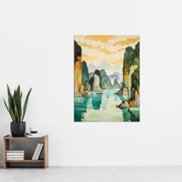 Artery8 Ha Long Bay Watercolour Painting Vietnam Limestone Islands In Emerald Waters Pastel Colour Seascape Extra Large XL Unframed Wall Art Poster - thumbnail 4
