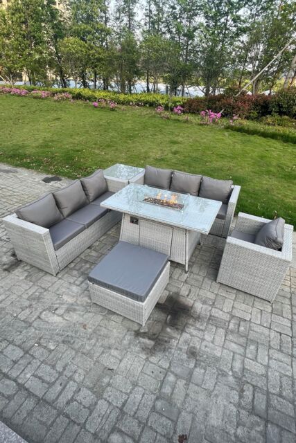 Fimous Rattan Fire Pit Dining Table Set Gas Heater Burner Lounge Sofa Side Coffee Table in Light Grey - image 1