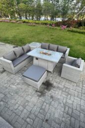 Fimous Rattan Fire Pit Dining Table Set Gas Heater Burner Lounge Sofa Side Coffee Table in Light Grey - thumbnail 3
