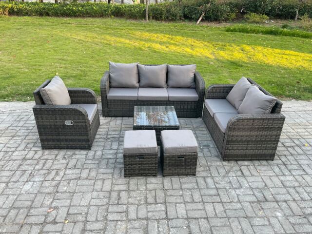 Fimous Rattan Garden Furniture 6 Piece Patio Set With Table Sofa Square Coffee Table Reclining Chair Love seat sofa 2 Small Footstools in Dark Grey - image 1