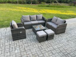 Fimous Rattan Garden Furniture 6 Piece Patio Set With Table Sofa Square Coffee Table Reclining Chair Love seat sofa 2 Small Footstools in Dark Grey - thumbnail 2