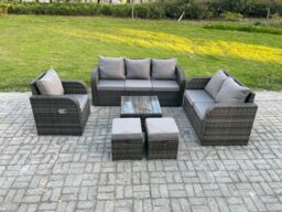 Fimous Rattan Garden Furniture 6 Piece Patio Set With Table Sofa Square Coffee Table Reclining Chair Love seat sofa 2 Small Footstools in Dark Grey - thumbnail 1