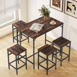 STILVORA Bar Table Set with 4 Stools & wooden structure in Brown - thumbnail 2