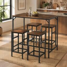 STILVORA Bar Table Set with 4 Stools & wooden structure in Brown - thumbnail 1