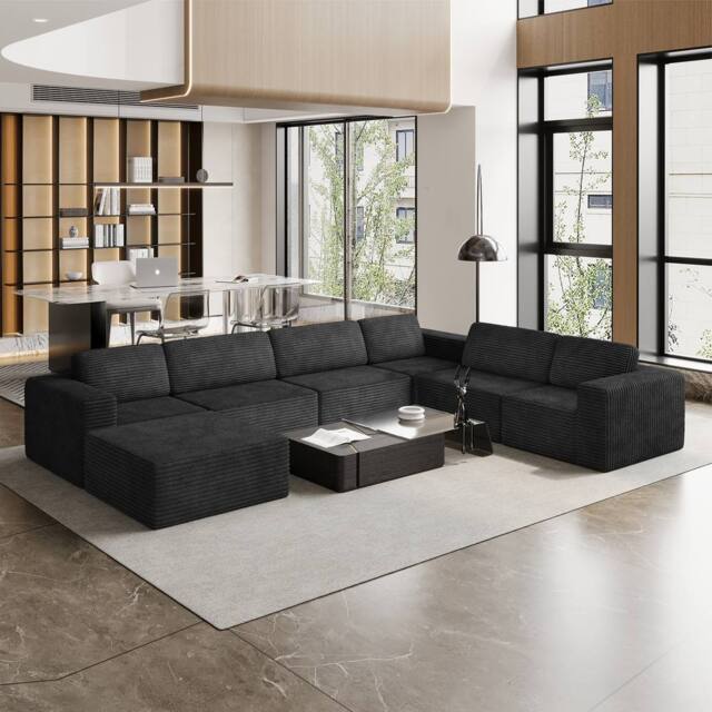 Dprodo Corduroy Modular Sofa, 6 Seater Corner Couch, 25V9 in Black - image 1