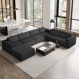 Dprodo Corduroy Modular Sofa, 6 Seater Corner Couch, 25V9 in Black - thumbnail 9