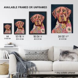 Artery8 Dog Lover Floral Red Labrador Folk Watercolour Framed Wall Art in Pink - Size: A4 - thumbnail 3