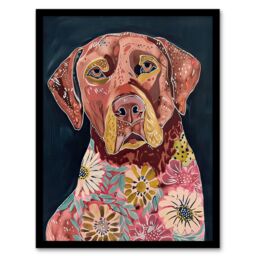 Artery8 Dog Lover Floral Red Labrador Folk Watercolour Framed Wall Art in Pink - Size: A4 - thumbnail 1