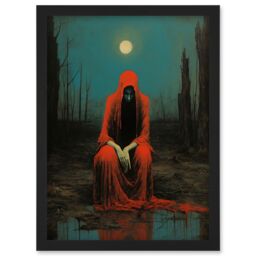 Artery8 Wall Art Print Charon in Red Cloak Beksinski Inspired Conceptual Artwork Full Moon Barren Landscape Artwork Framed A4 in Black - thumbnail 1