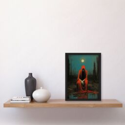 Artery8 Wall Art Print Charon in Red Cloak Beksinski Inspired Conceptual Artwork Full Moon Barren Landscape Artwork Framed A4 in Black - thumbnail 2