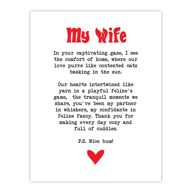 "Artery8 Love Poem Cat Lover Wife Romantic Poetry Fun Wall Art Print in White - Size: W24"" x H32""" - image 1