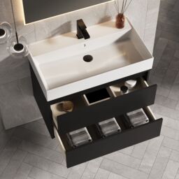 Banyetti Venti 800mm Wall Hung Vanity with Veneto 1 Tap Hole Basin - Matt Black - thumbnail 4