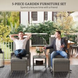 OUTSUNNY 5 PCS Rattan Garden Furniture Set w/ Chairs, Stools, Table in Dark Grey - thumbnail 4