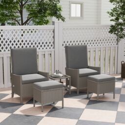 OUTSUNNY 5 PCS Rattan Garden Furniture Set w/ Chairs, Stools, Table in Dark Grey - thumbnail 1