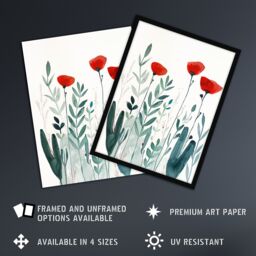 Artery8 Wild Poppy Flowers Bright Red Teal Watercolour Framed Art Print in Green - Size: A4 - thumbnail 2