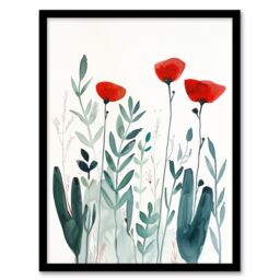 Artery8 Wild Poppy Flowers Bright Red Teal Watercolour Framed Art Print in Green - Size: A4 - thumbnail 1