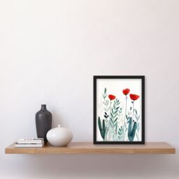 Artery8 Wild Poppy Flowers Bright Red Teal Watercolour Framed Art Print in Green - Size: A4 - thumbnail 4