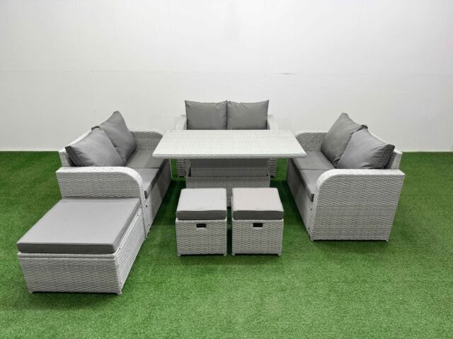 Fimous 9 Seater PE Wicker Rattan Furniture Sofa Sets with Adjustable Lifting Dining or Coffee Table 2 Seater Love Sofa 3 Stool Light Grey - image 1