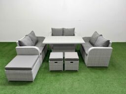 Fimous 9 Seater PE Wicker Rattan Furniture Sofa Sets with Adjustable Lifting Dining or Coffee Table 2 Seater Love Sofa 3 Stool Light Grey - thumbnail 1