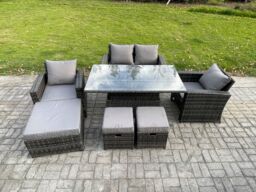 Fimous Outdoor Garden Dining Sets 7 Seater Rattan Patio Furniture Sofa Set with Rising Lifting Table in Dark Grey - thumbnail 2