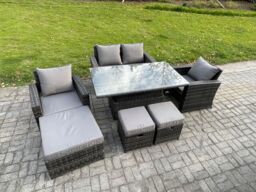 Fimous Outdoor Garden Dining Sets 7 Seater Rattan Patio Furniture Sofa Set with Rising Lifting Table in Dark Grey - thumbnail 1